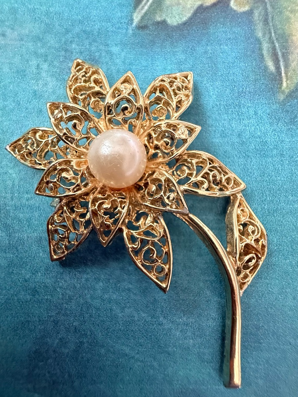 Gold Floral Filigree Brooch with Pearl Center
